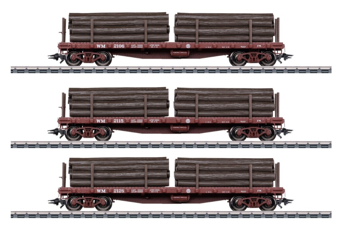 Märklin 45600 drie US platte wagens met boomstammen voor de SHAY locomotief